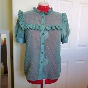 SHEIN Sage Green Swiss Dot Sheer Button Up Top